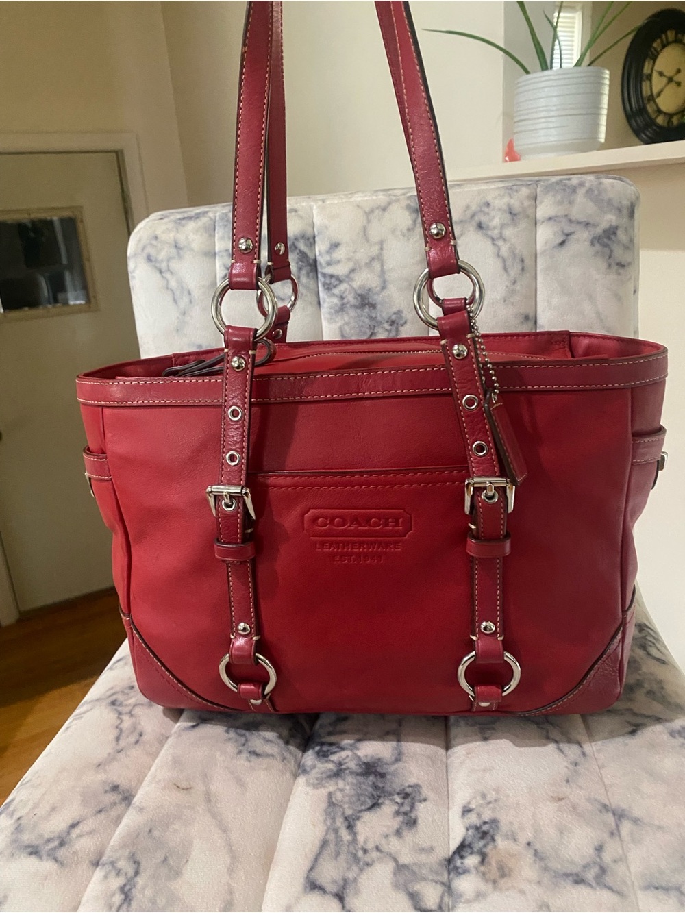 Coach Red Leather Tote with Silver Hardware